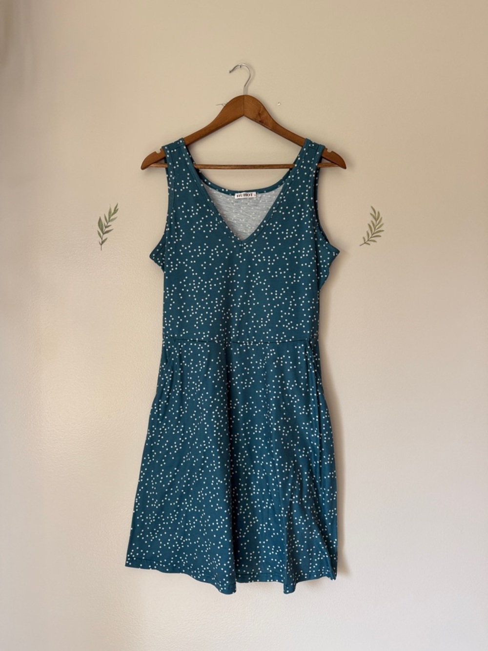 HuHot Large Casual Teal Polka Dot V-Neck Dress - Women